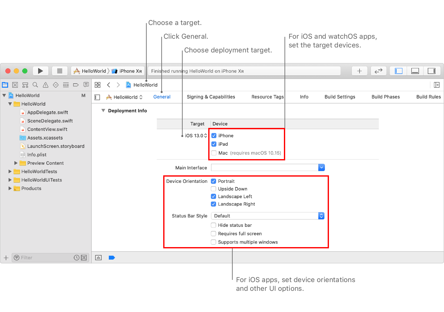 截屏中显示了 iOS App 在项目编辑器内“General”(通用) 面板上的“Deployment Info”(部署信息) 设置,你可以在其中设置部署目标和操作系统版本。