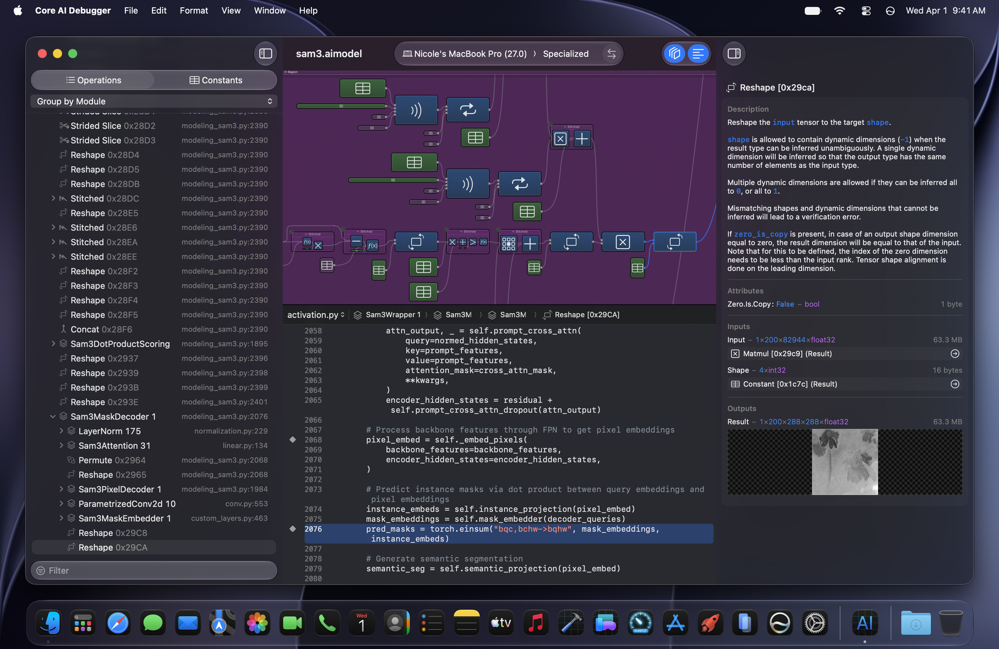 Core AI Debugger showing the operation list, node graph, source code, and a Reshape operation's input, output, and tensor preview in the detail panel.
