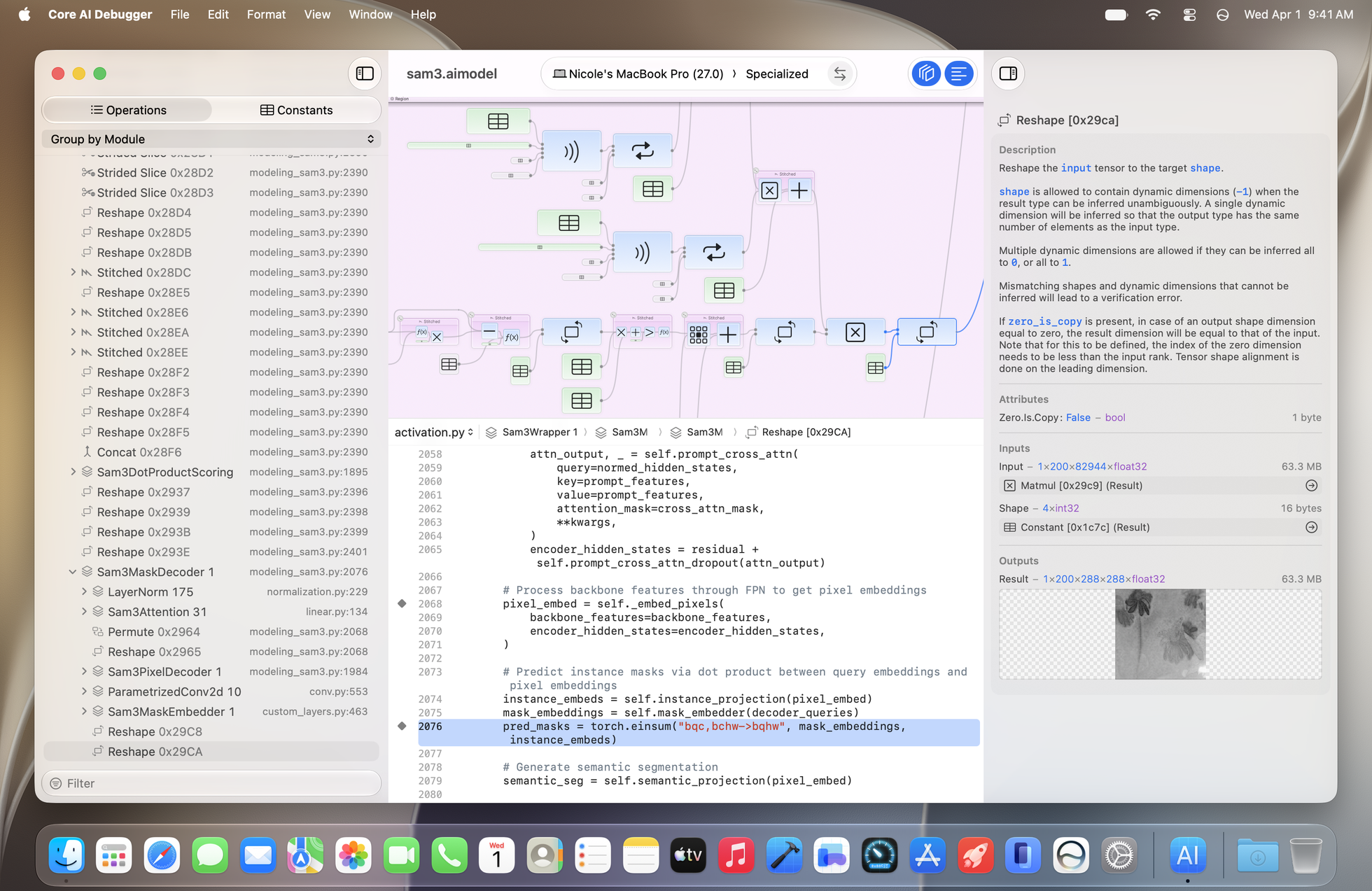 Core AI Debugger showing the operation list, node graph, source code, and a Reshape operation's input, output, and tensor preview in the detail panel.