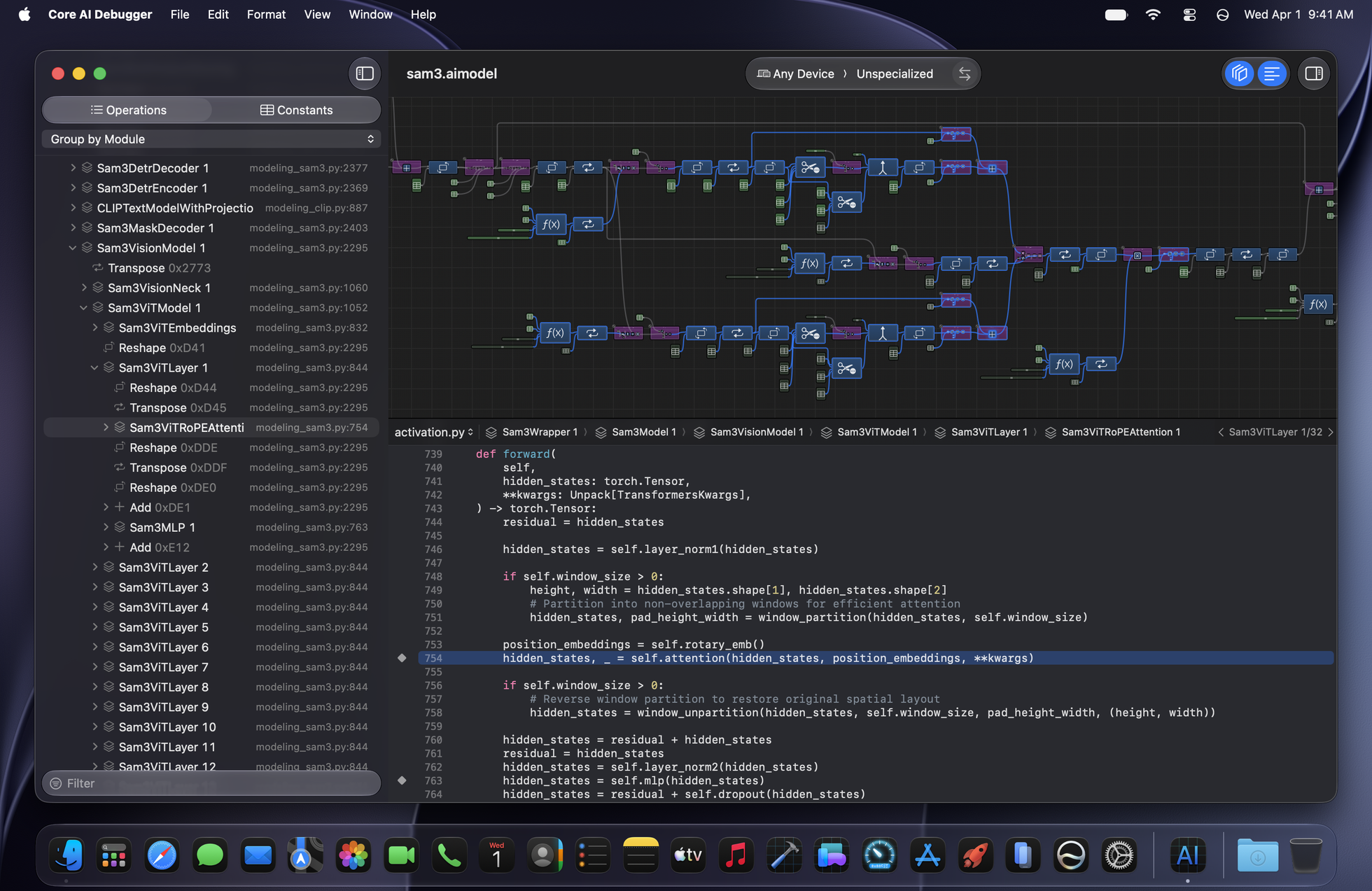 Core AI Debugger displaying a hierarchical model structure tree on the left, a large interactive node graph in the center, and linked source code at the bottom.