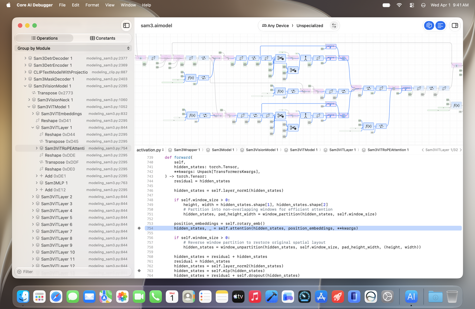 Core AI Debugger displaying a hierarchical model structure tree on the left, a large interactive node graph in the center, and linked source code at the bottom.