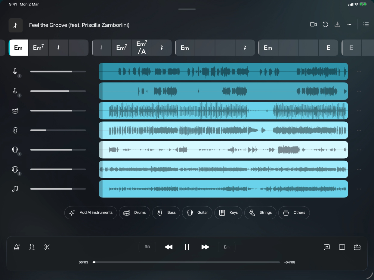 Moises app with Liquid Glass playback controls