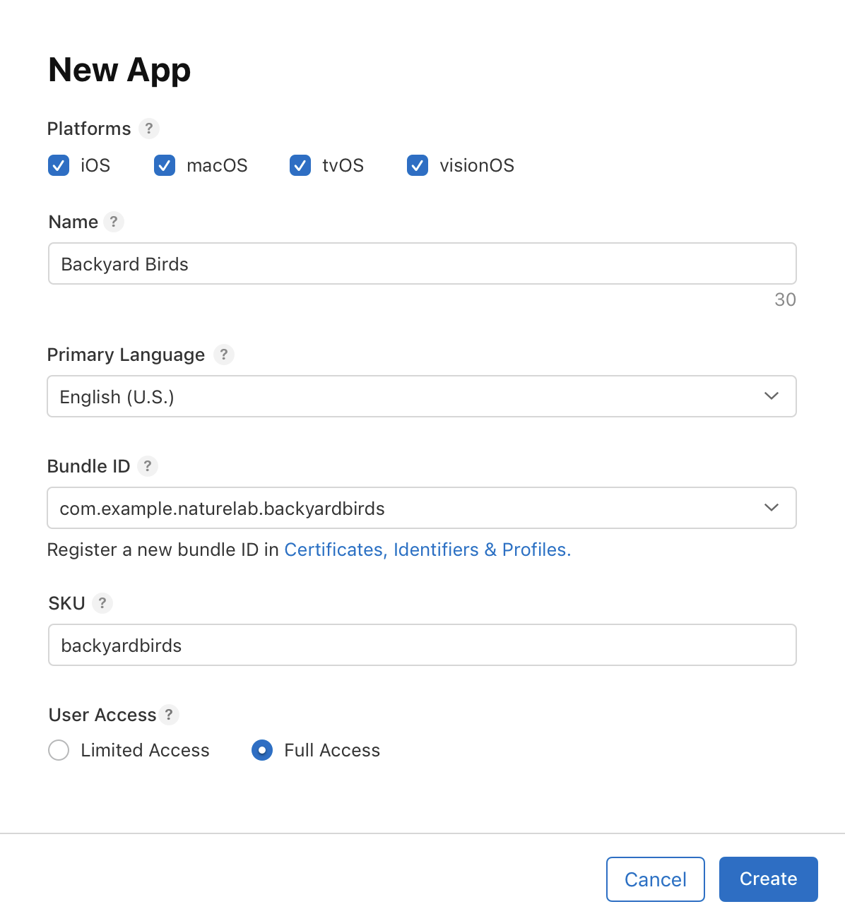 Screenshot of the new App dialog on App Store Connect. The Platforms field lists iOS, macOS, tvOS, and visionOS, which you can select for your app. The dialog also has fields for an app name, a primary language for the app, a bundle ID for the app, an SKU, and a radio button to choose whether to limit or give full user access. The Cancel and Create buttons are at the bottom of the dialog.