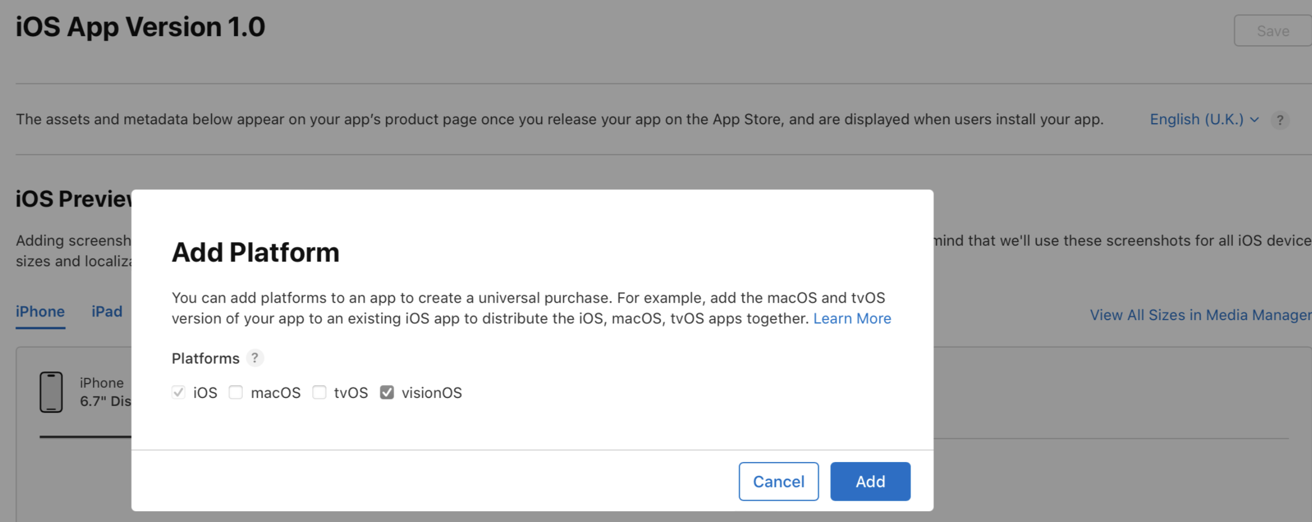 Screenshot of Add Platform dialog on the app detail page that lists iOS, macOS, tvOS, and visionOS platform, which you can select for your app. The Cancel and Add buttons are at the bottom of the dialog.