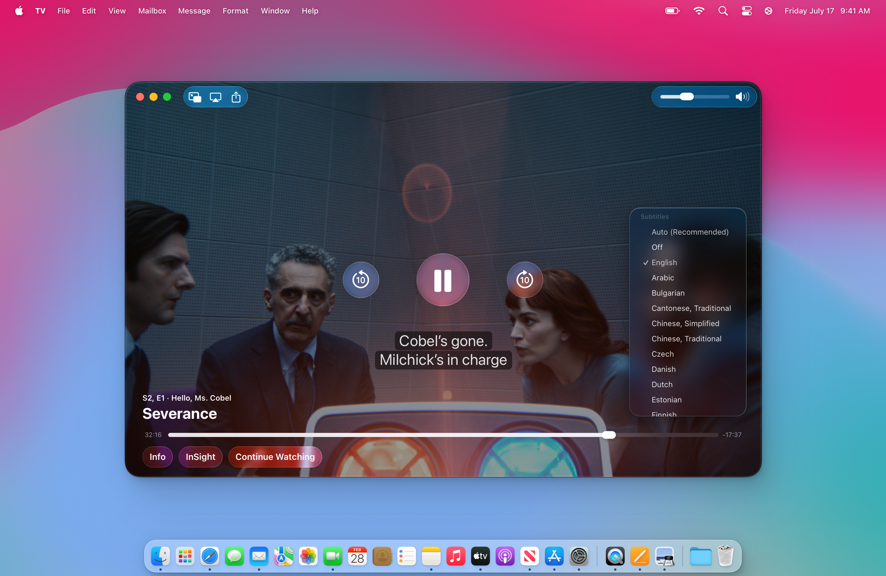 Screen shot of Apple TV app for Mac, displaying a scene with four characters sitting in a small room with red and blue lights, discussing intensely. Subtitles read: Cobel’s gone. Milchick’s in charge.