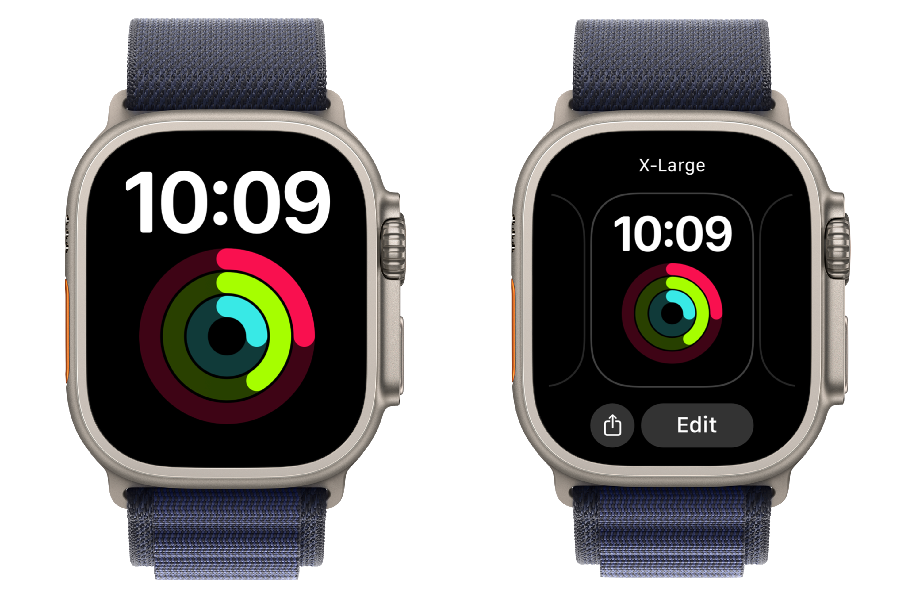 Apple Watch Ultra displaying the X-Large watch face which displays a single, large complication. Low vision users can add multiple X-Large watch faces, and swipe between them to see different types of information.