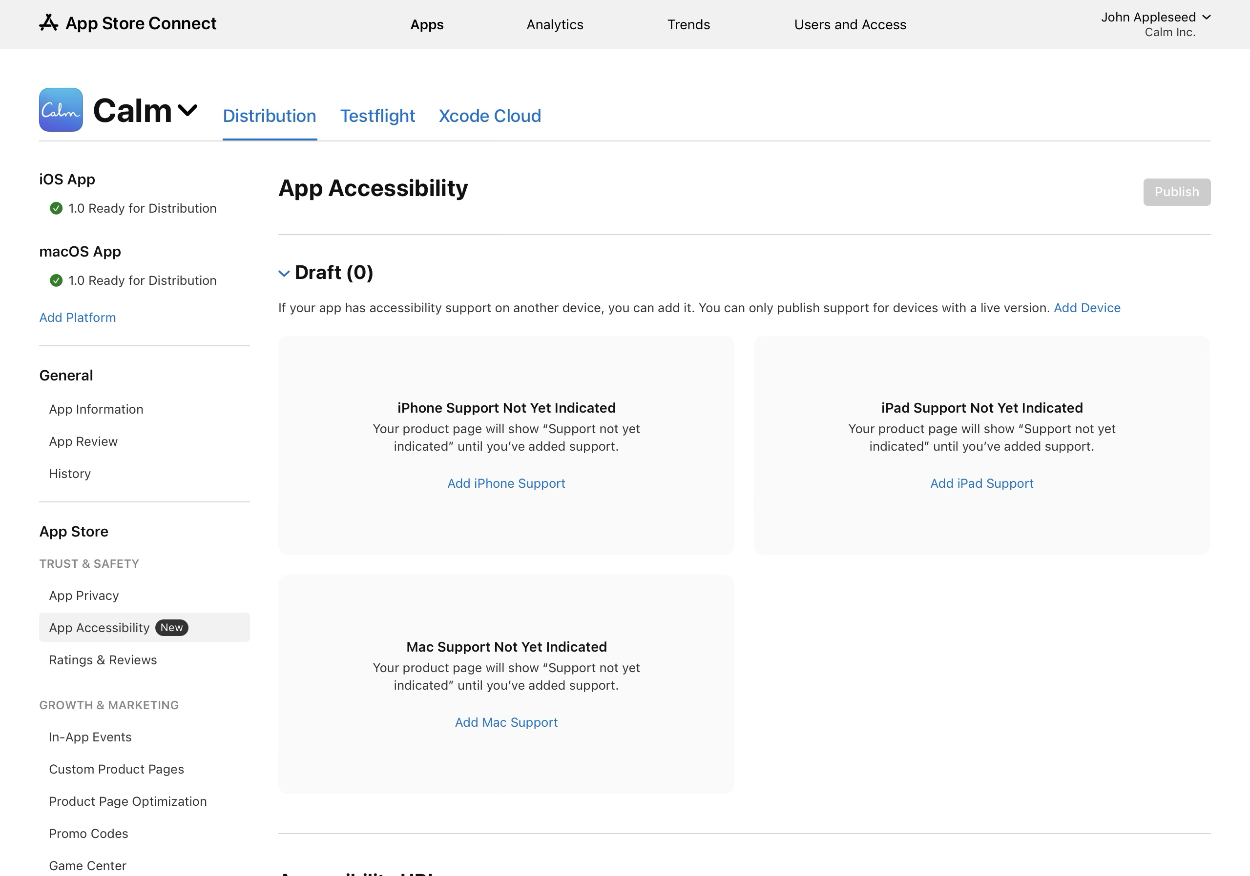 Screenshot of the "App Accessibility" page shows that accessibility support hasn’t yet been indicated for iPhone, iPad, or Mac. The page displays messages saying "Your product page will show "Support not yet indicated" until you've added support." with links to "Add iPhone Support", "Add iPad Support", and "Add Mac Support" respectively. A non-interactive "Publish" button is present at the top right of the screen.