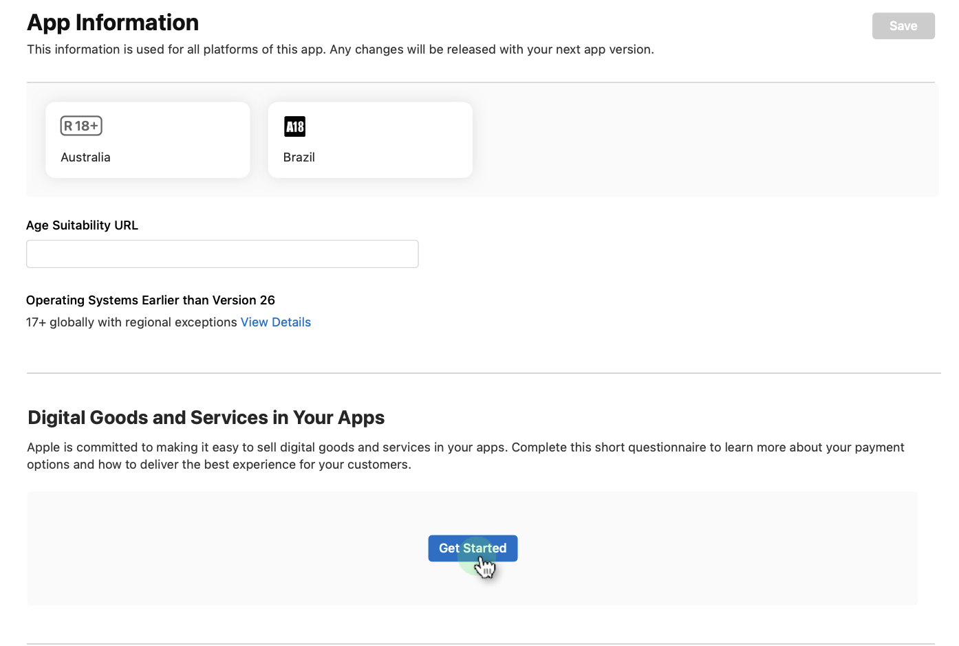 Digital Goods and Services in Your Apps section in App Information, with a Get Started button.