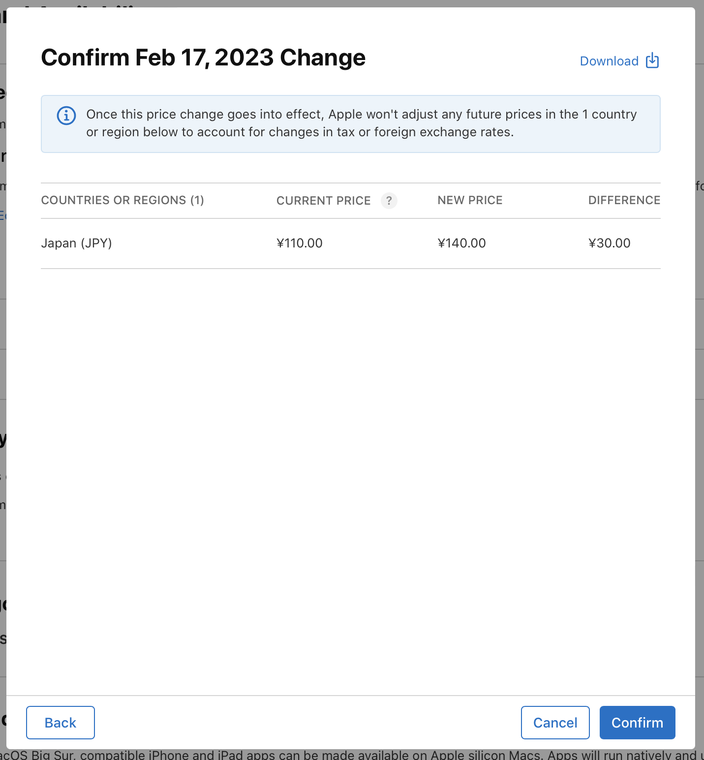 Screenshot of the "Confirm Feburary 17, 2023 Change" dialog, where Japan is listed with current and new price column. At the bottom of the dialog, the Back button is on the left, and the Cancel and Next buttons are on the right.