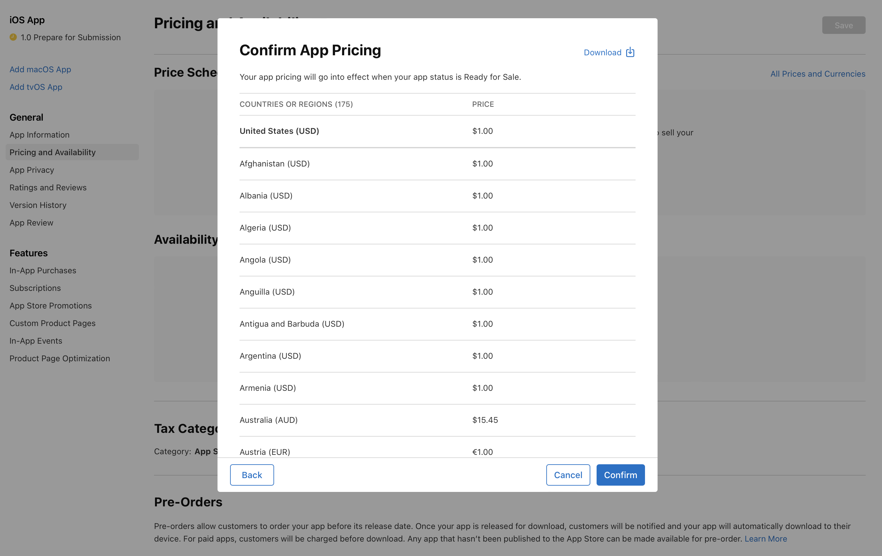 Screenshot of the Confirm App Pricing dialog, which has prices for all countries or regions that are listed. At the bottom of the dialog, the Back button is on the left, and the Cancel and Confirm buttons are on the right.