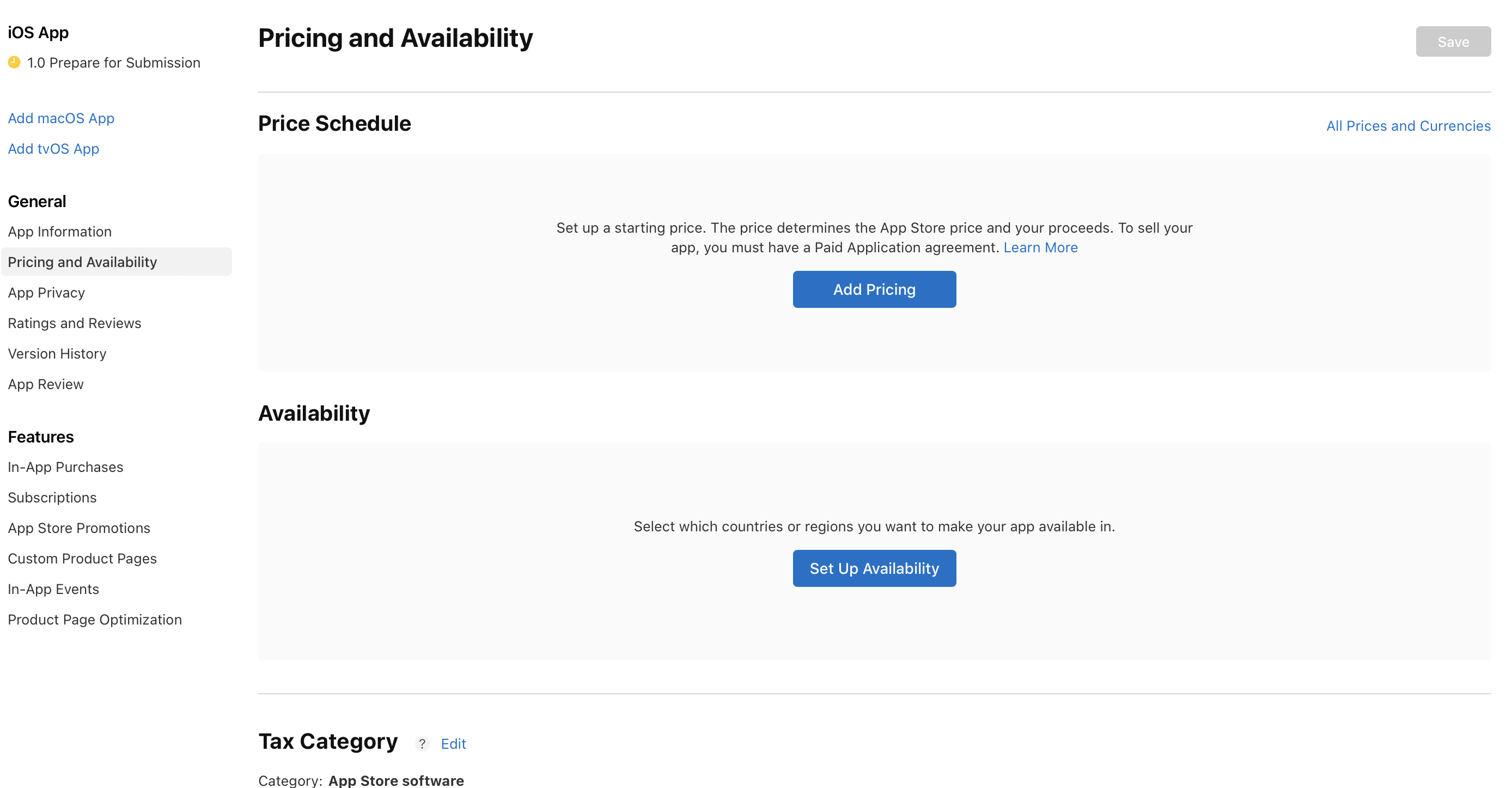 Screenshot of the Pricing and Availability page, where the Price Schedule section has the Add Pricing button.