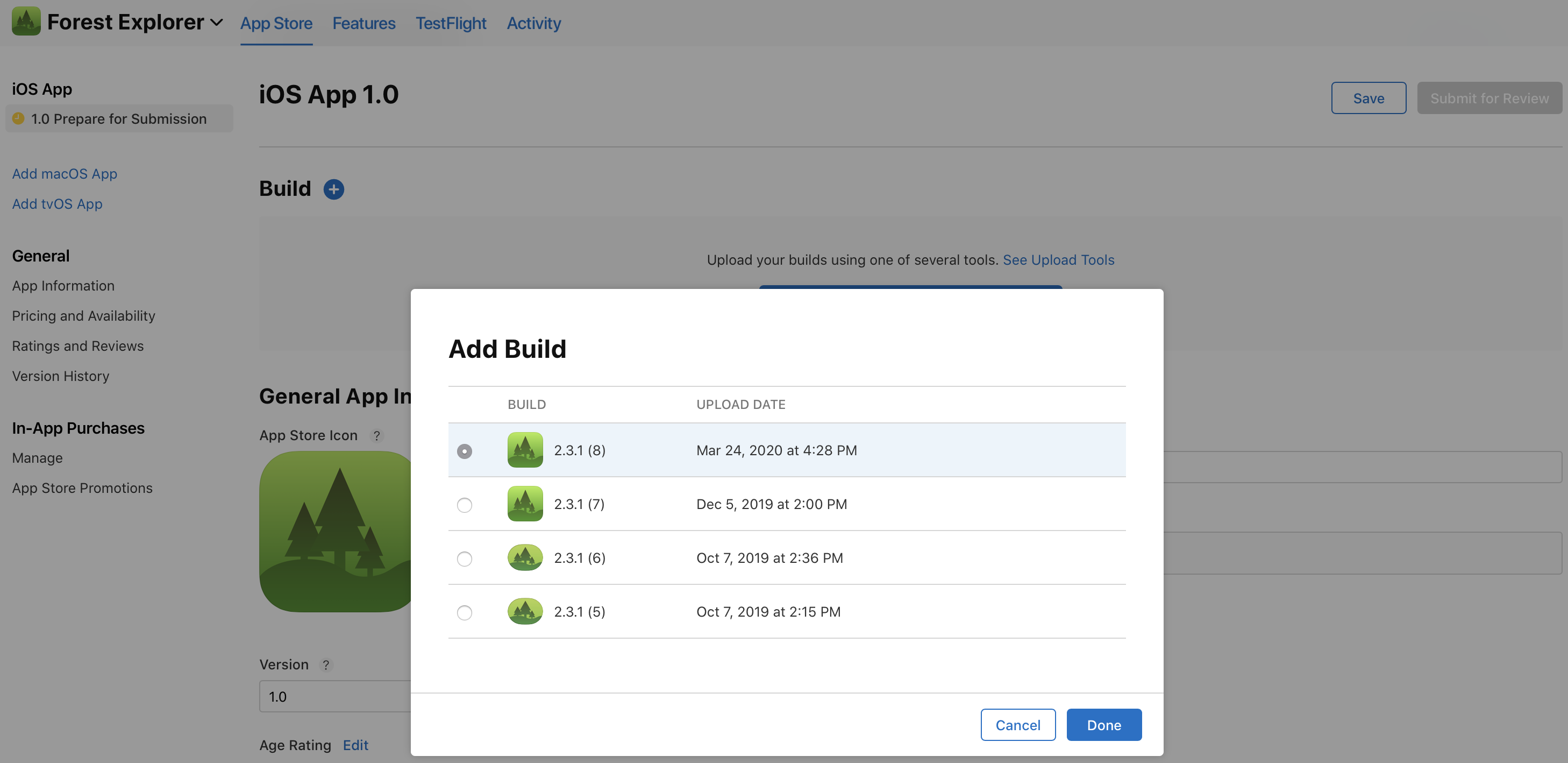 Screenshot of the Add Build dialog on the iOS platform detail page that lists selectable builds, with Cancel and Done buttons located at the bottom right.