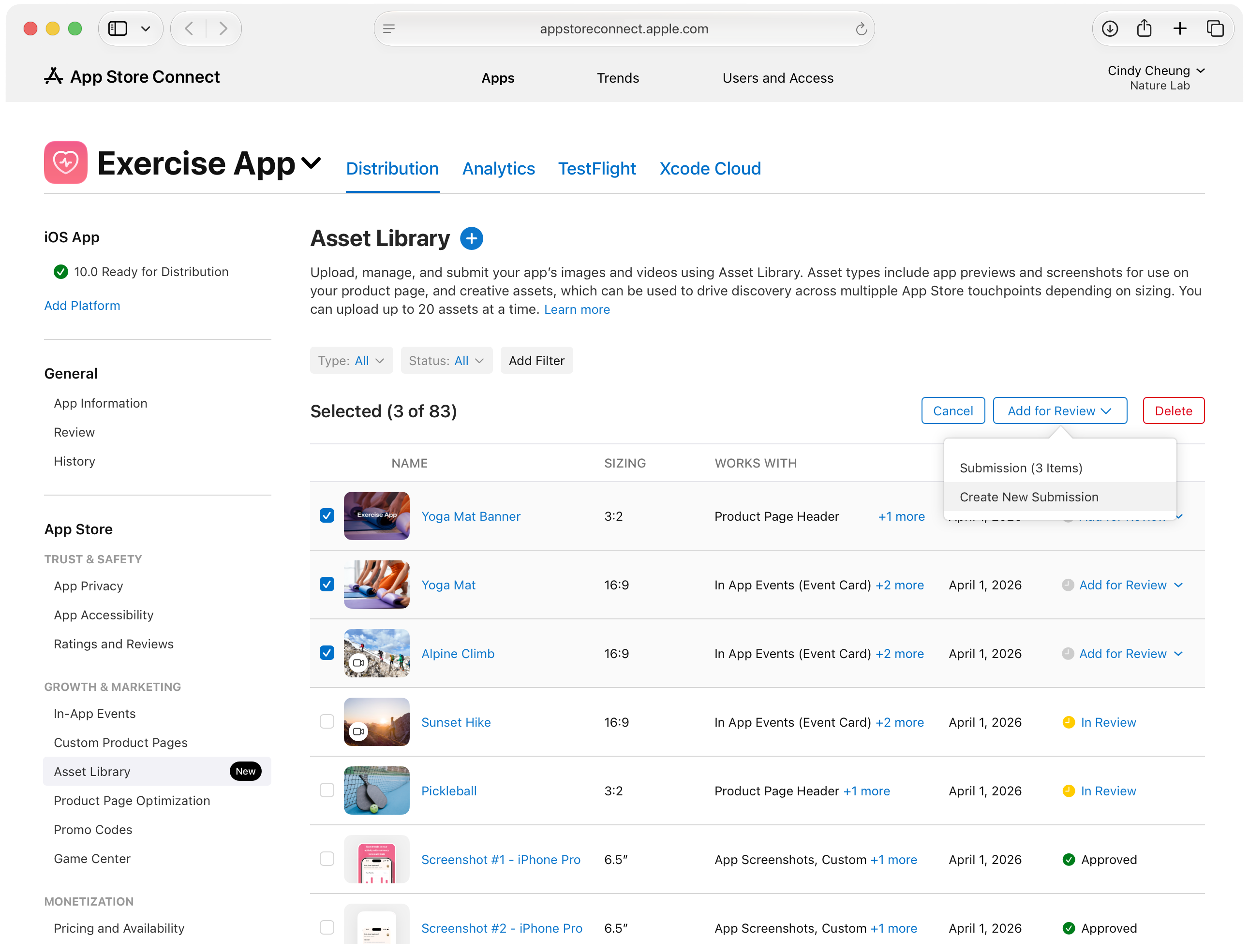 Asset Library page in App Store Connect for Exercise App, showing a list of assets with three items selected and the Add for Review menu open, displaying options to add to an existing submission or create a new submission.