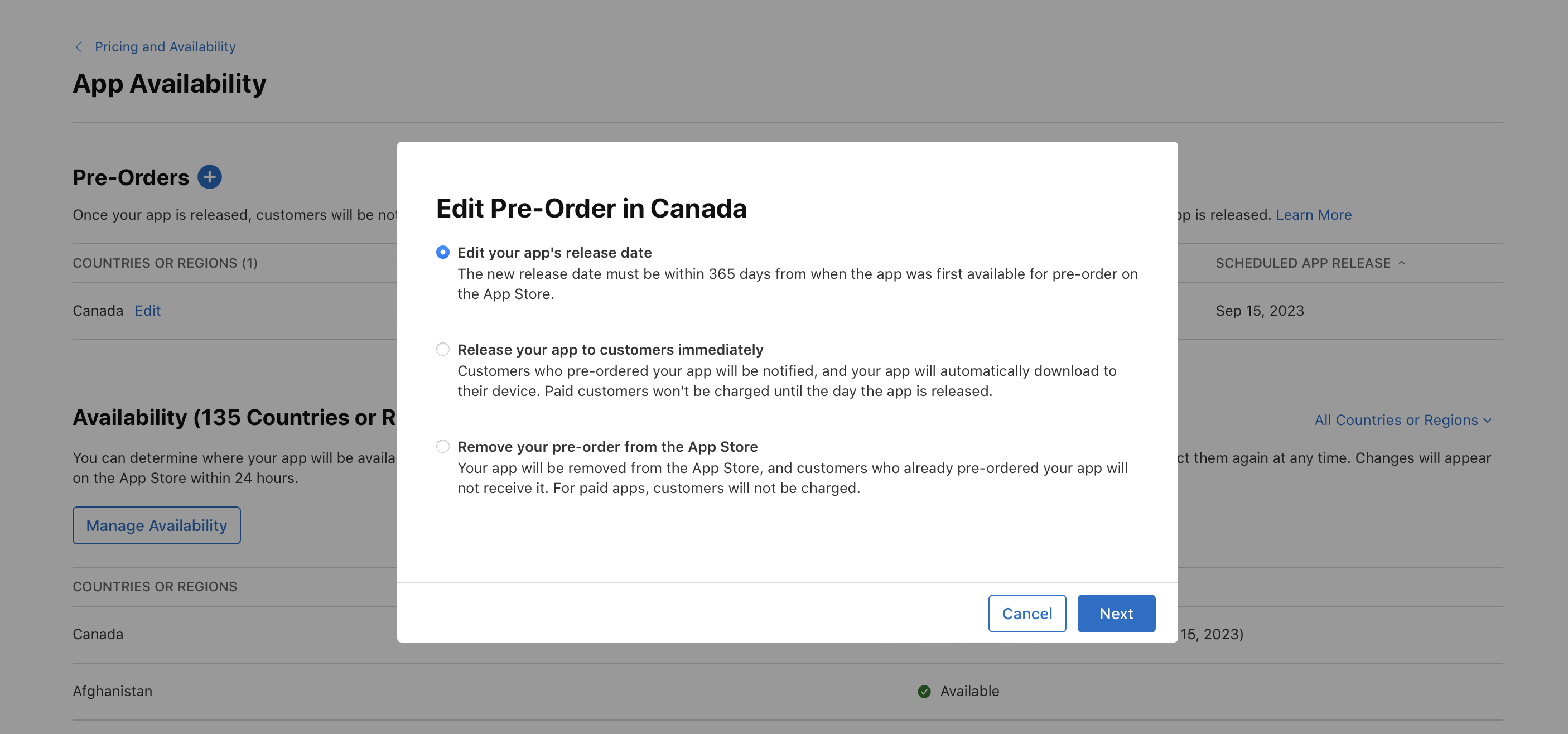 Screenshot of the Edit Pre-Order in Canada dialog, where there are three options: "Edit your app's release date", "Release your app to customers immediately", and "Remove your pre-order from the App Store". The "Edit your app's release date" option is selected. At the bottom, Cancel and Next buttons are on the right.