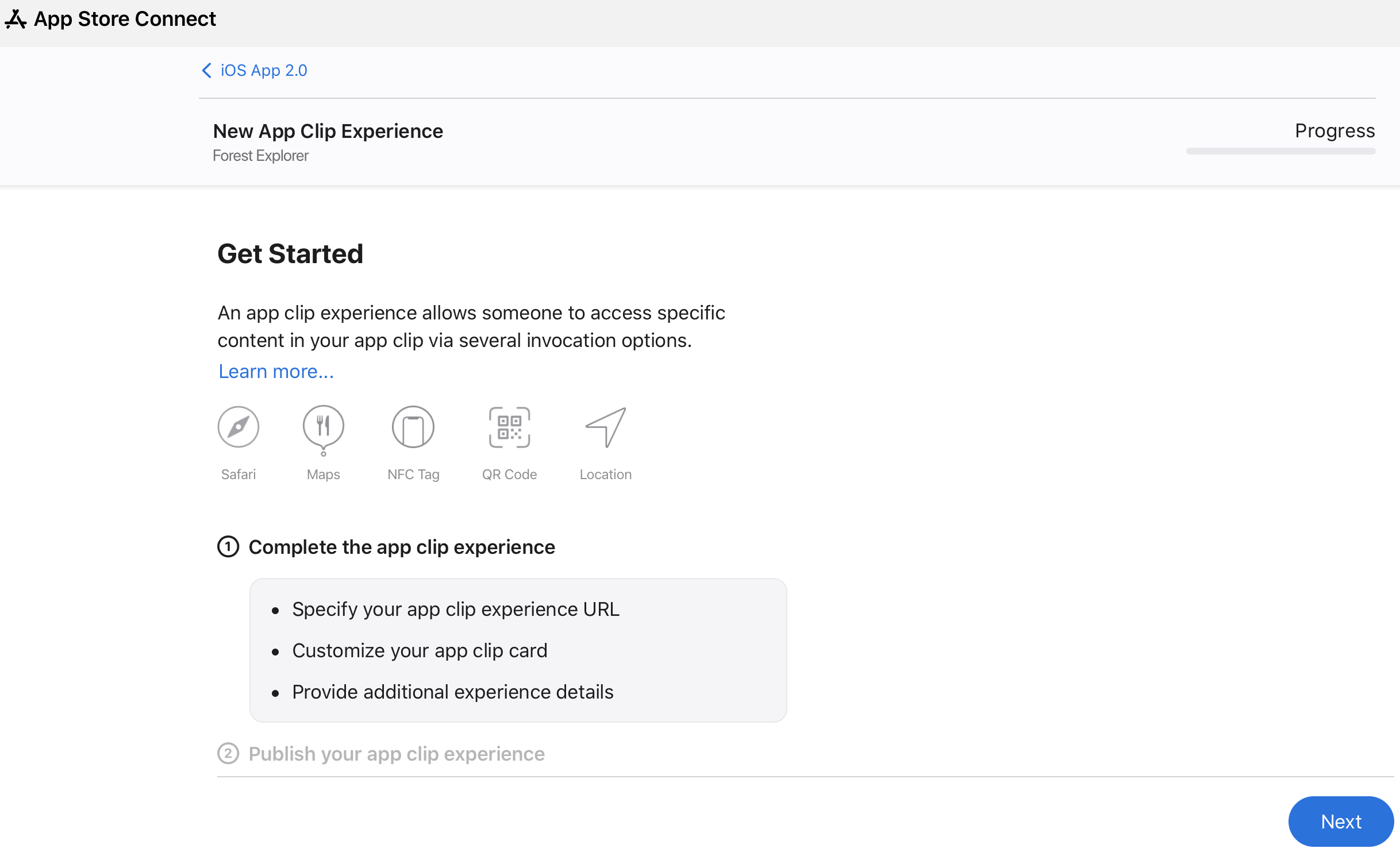 Screenshot of Get Started app clip experience page