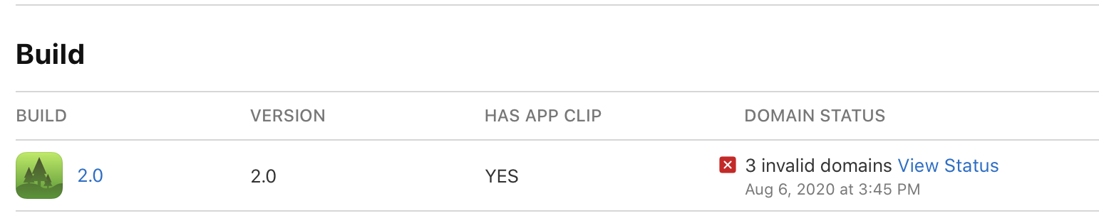 Screenshot of App clips domain status.