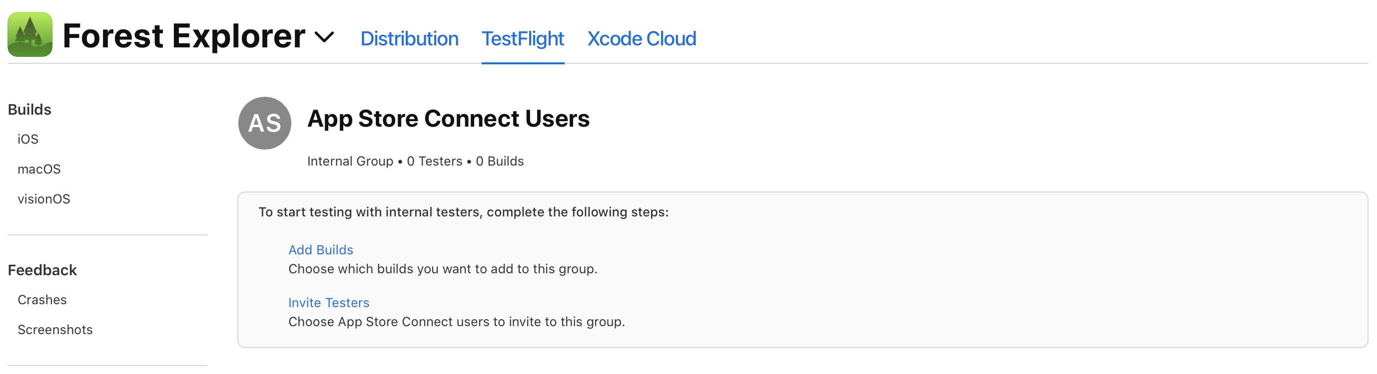 Screenshot of the App Store Connect page open on the TestFlight tab displays. The dialog App Store Connect Users displays inside an Internal Group. Under this is the dialog buttons Add Builds and Invite Testers.