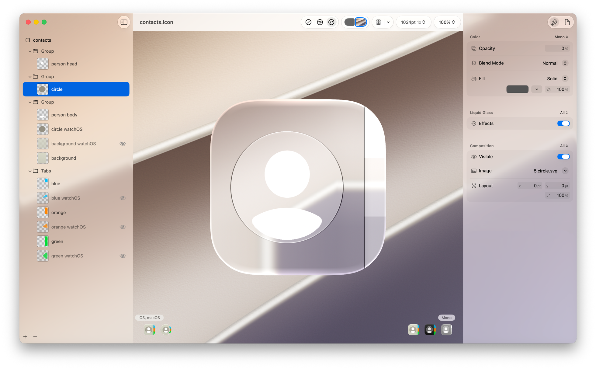 Mono theme preview showing the Icon Composer interface with monochrome styling