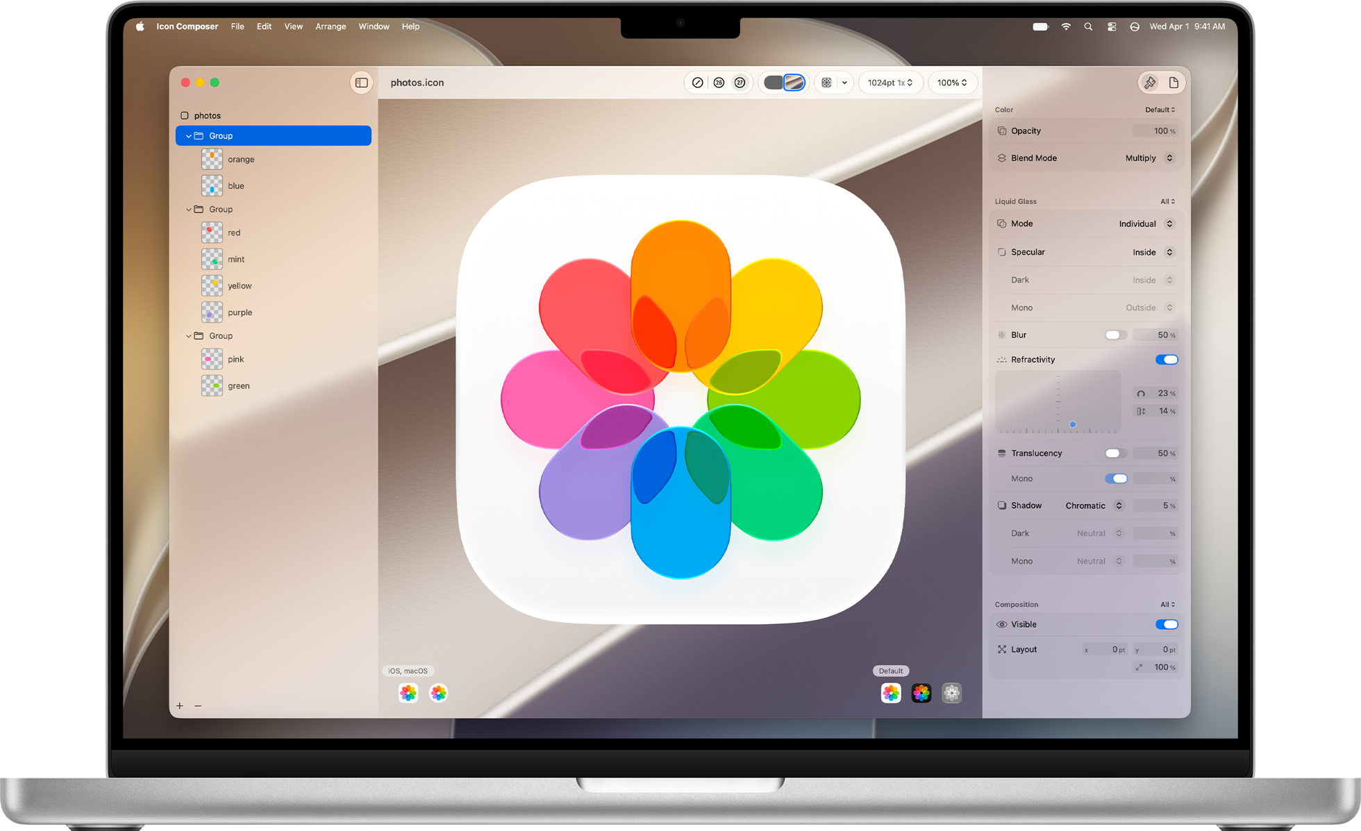MacBook displaying Icon Composer with Photos icon in foreground