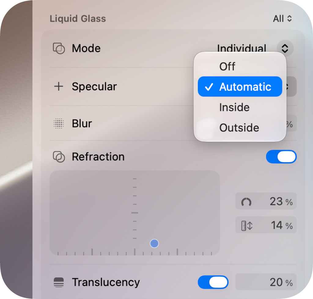 Liquid Glass inspector showing Specular controls