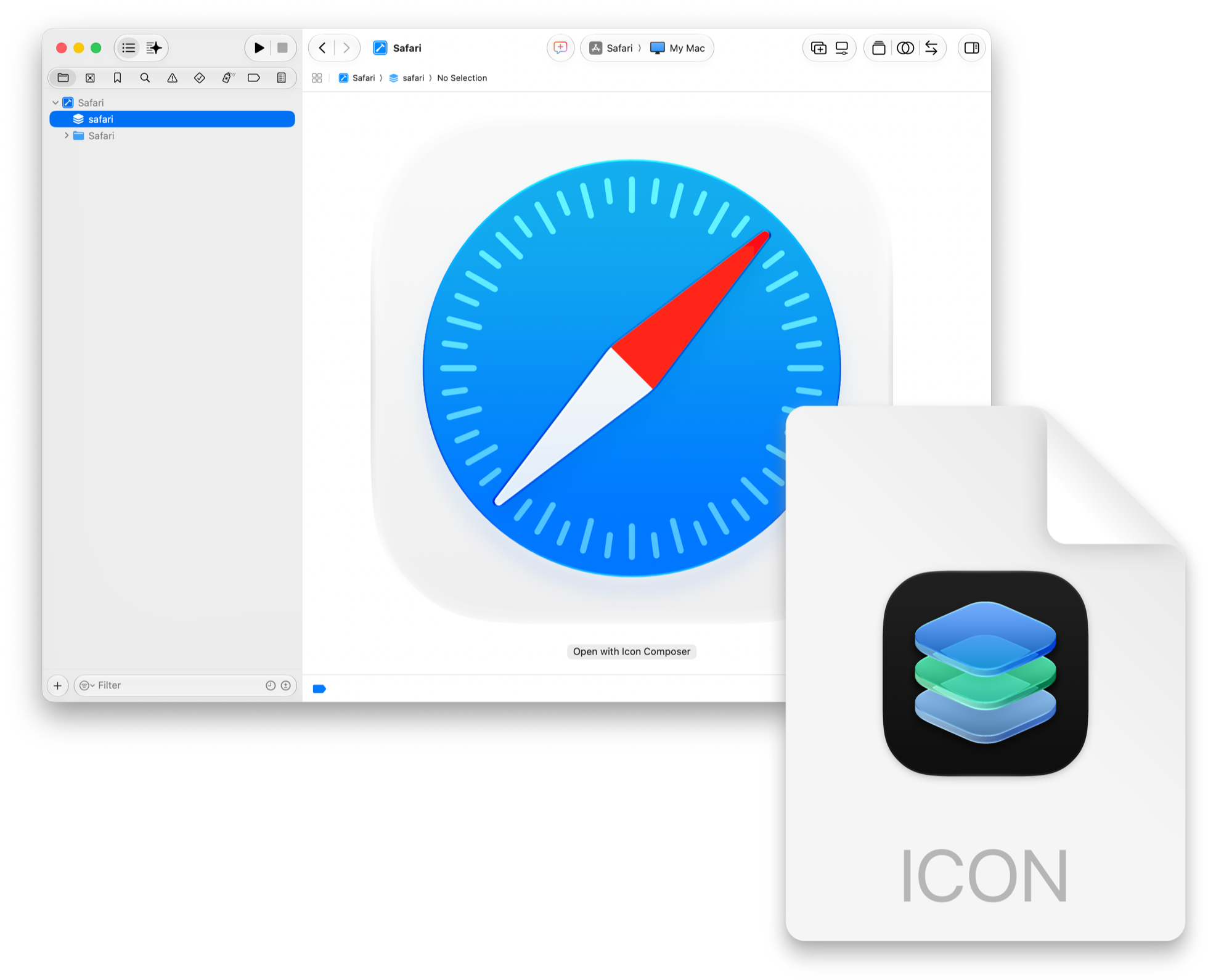 Xcode showing icon file open with Icon Composer