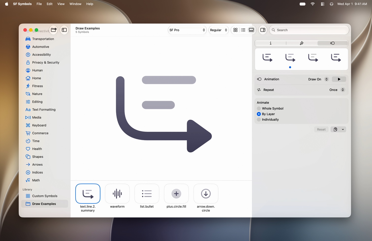 The SF Symbols app showing a Draw On animation preview with By Layer playback selected