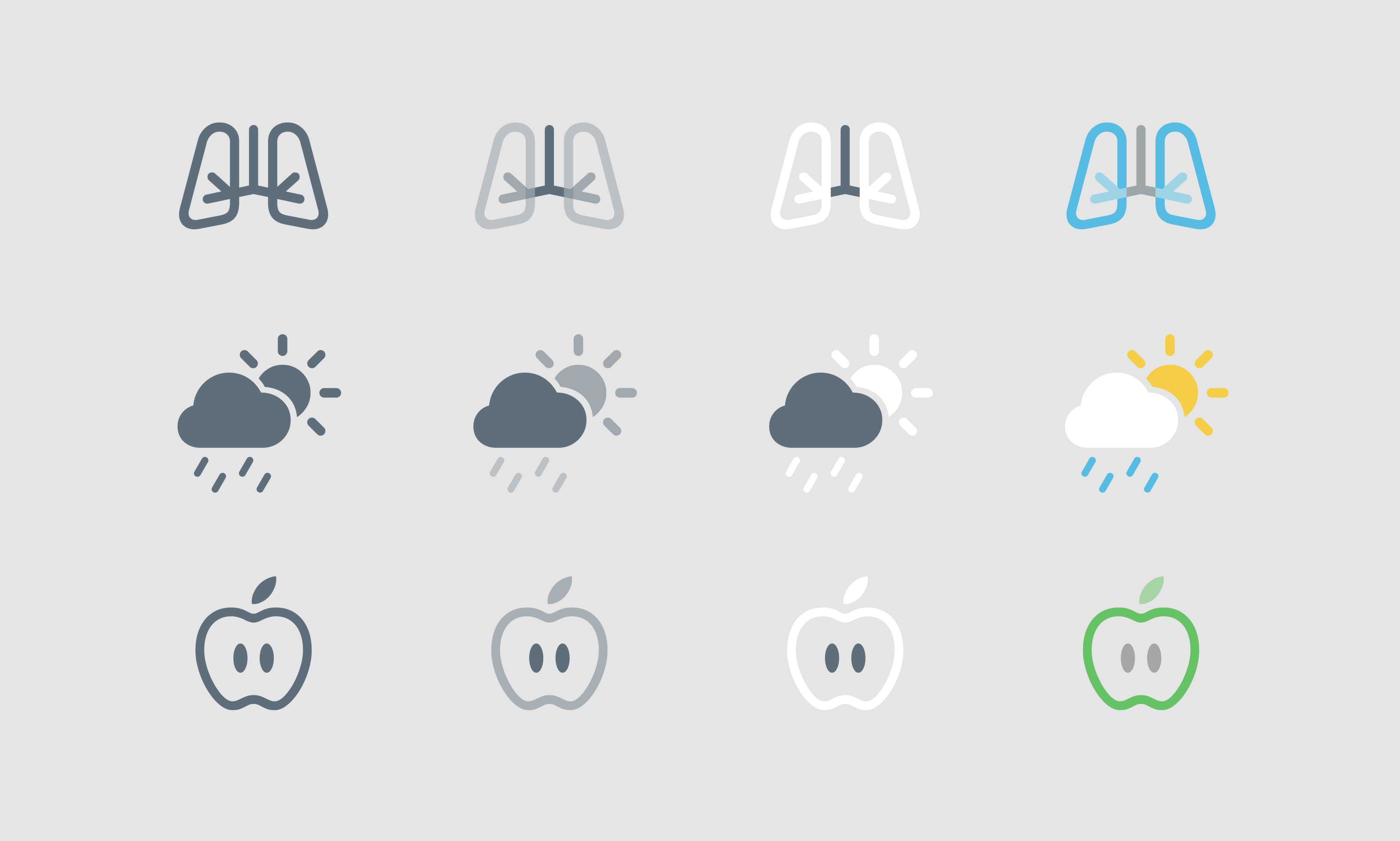 Three SF symbols each shown in four rendering modes: Monochrome, Hierarchical, Palette, and Multicolor