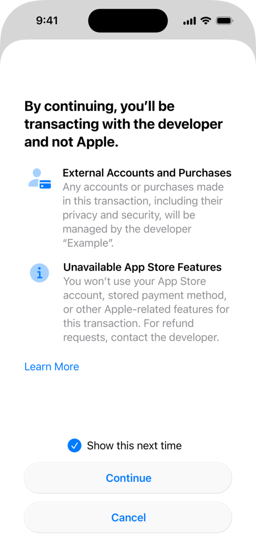iPhone screen showing in-app disclosure sheet for alternative in-app payment processing