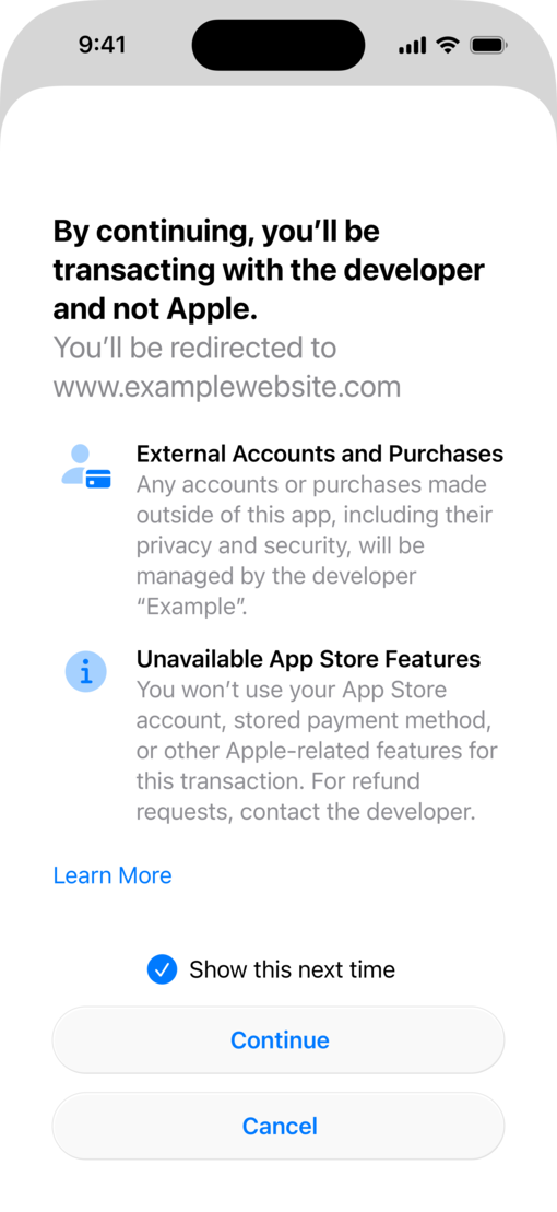 iPhone screen showing disclosure sheet for external website payment processing