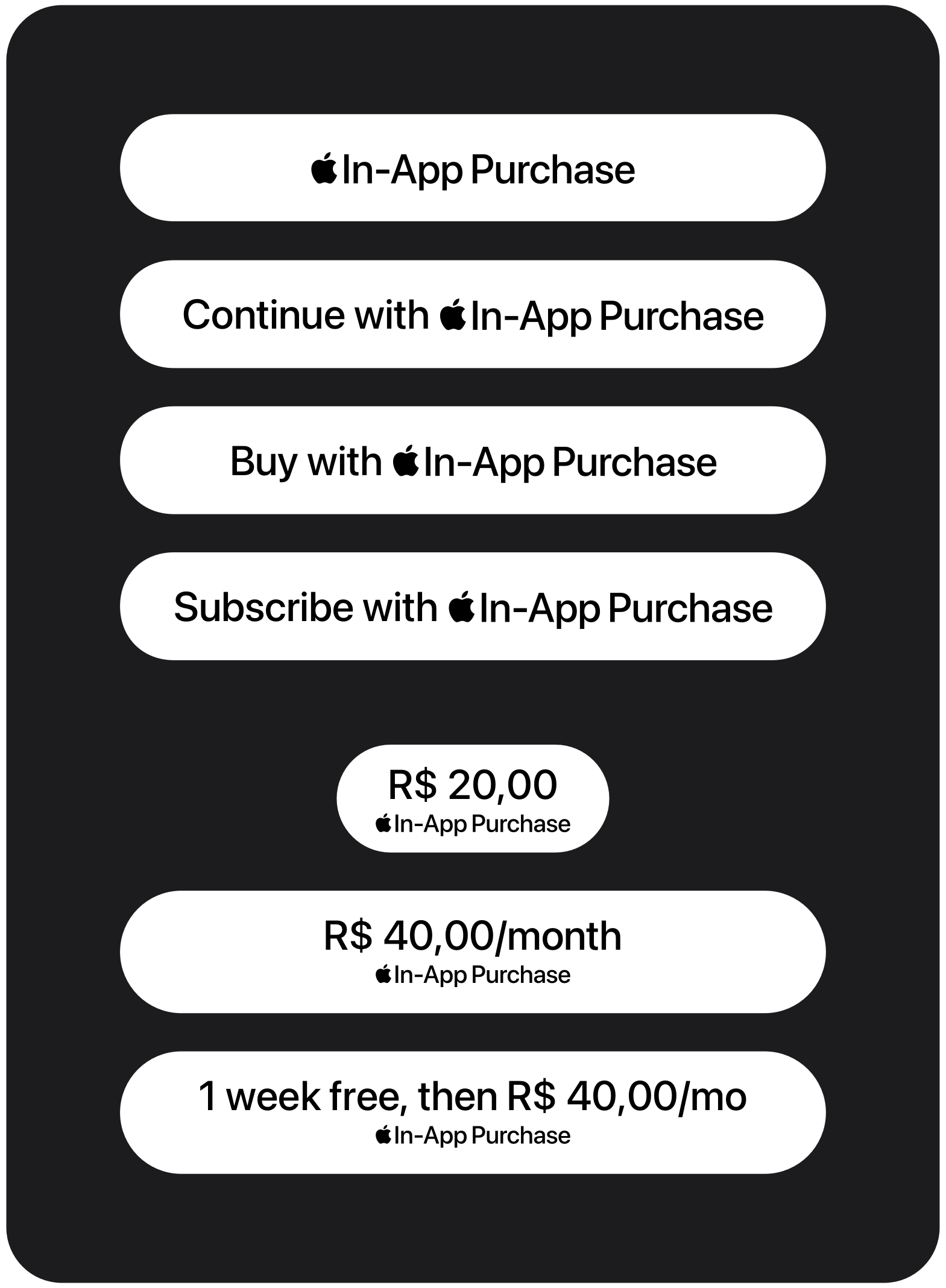 Examples of standard Apple In-App Purchase buttons with Apple branding