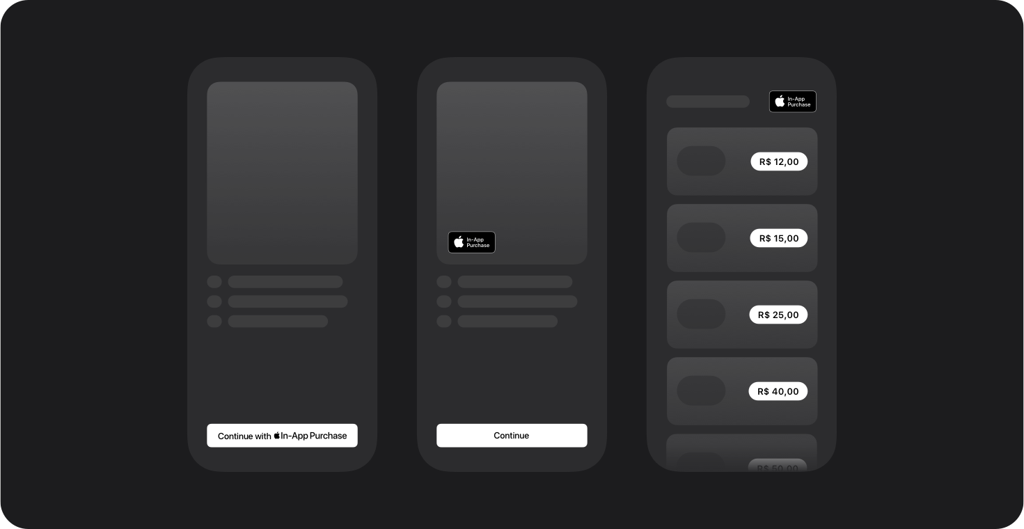 Examples of proper Apple In-App Purchase mark usage in different app interface layouts