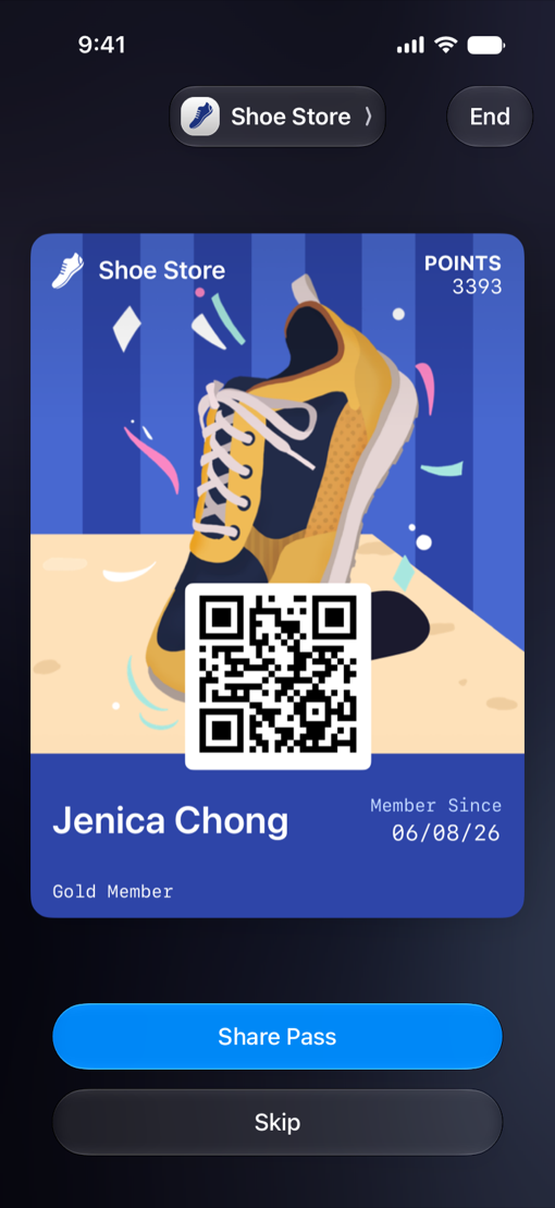 iPhone screen showing Shoe Store loyalty pass with QR code