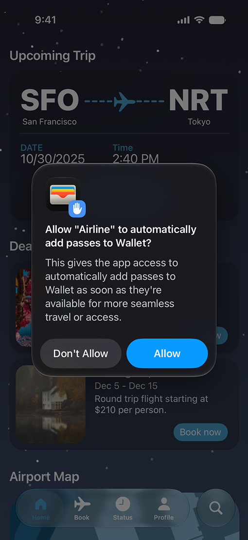 iPhone showing a prompt to add airline passes to Wallet