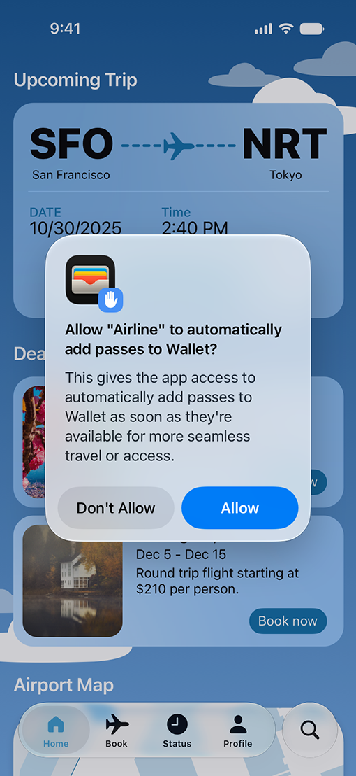 iPhone showing a prompt to add airline passes to Wallet