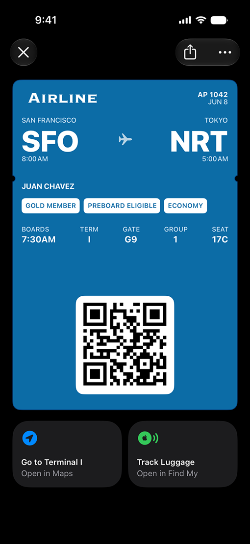 iPhone showing a boarding pass from SFO to NRT in Wallet