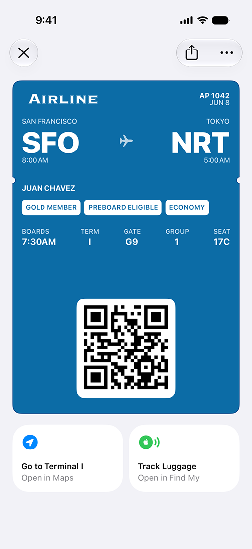 iPhone showing a boarding pass from SFO to NRT in Wallet