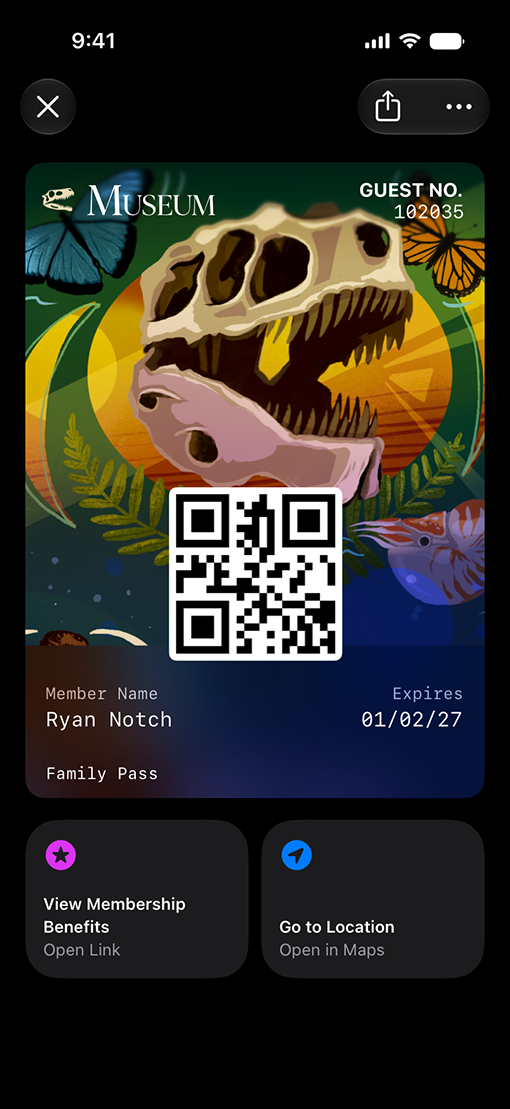 Museum membership pass with Featured Actions tiles in Apple Wallet