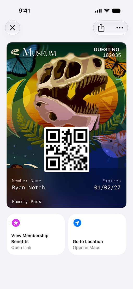 Museum membership pass with Featured Actions tiles in Apple Wallet