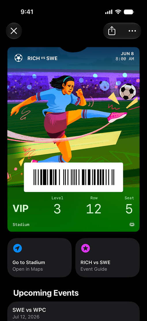 iPhone showing a VIP soccer match ticket with upcoming events in Wallet