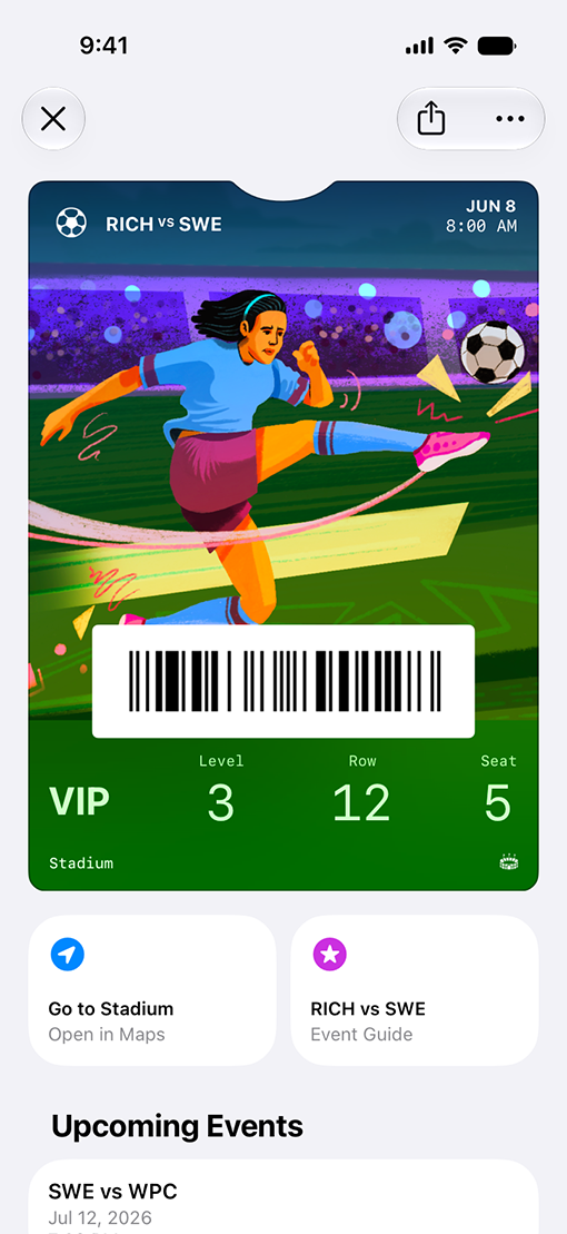 iPhone showing a VIP soccer match ticket with upcoming events in Wallet