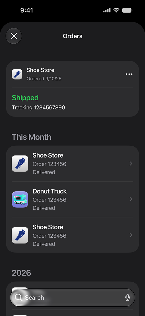 iPhone showing order tracking with shipping status in Wallet
