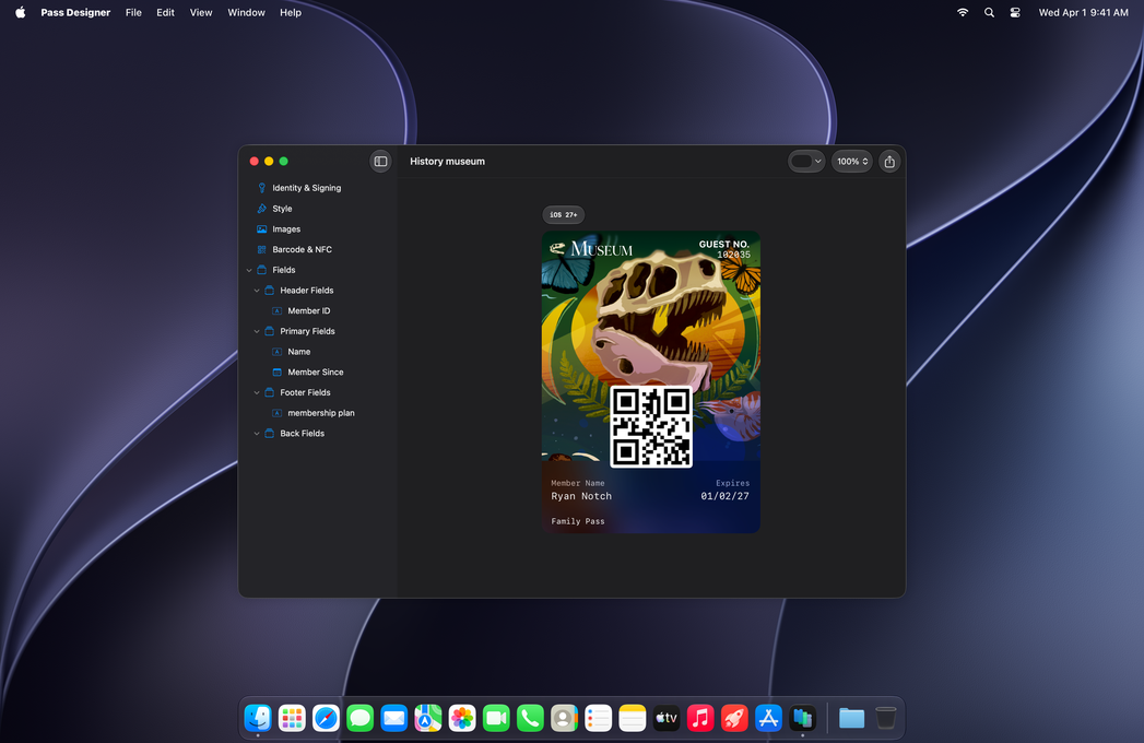 MacBook showing Pass Designer with a museum pass preview