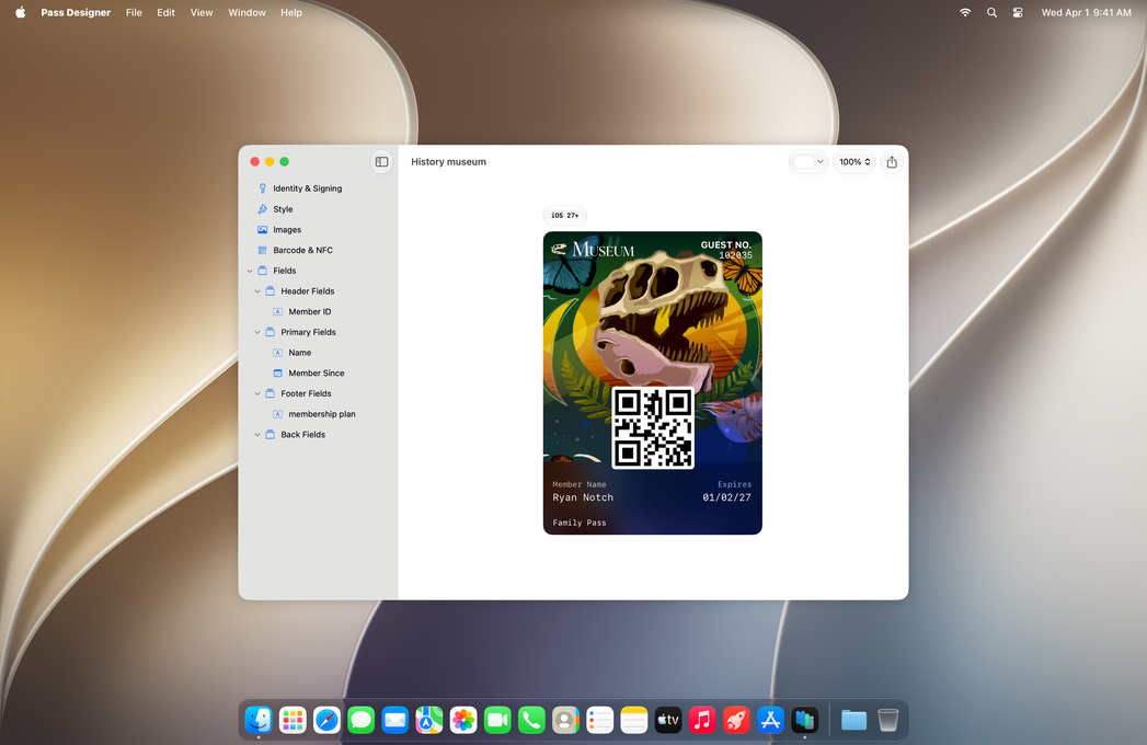 MacBook showing Pass Designer with a museum pass preview